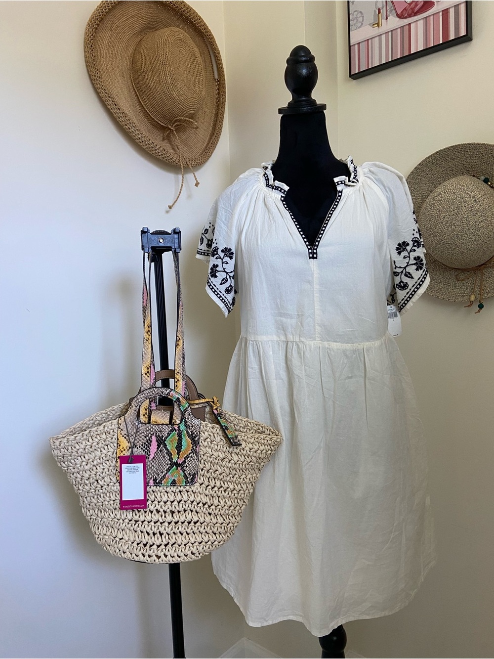White Embroidered Puff Sleeve Midi Small Dress and Vince Camuto Buckle Bag